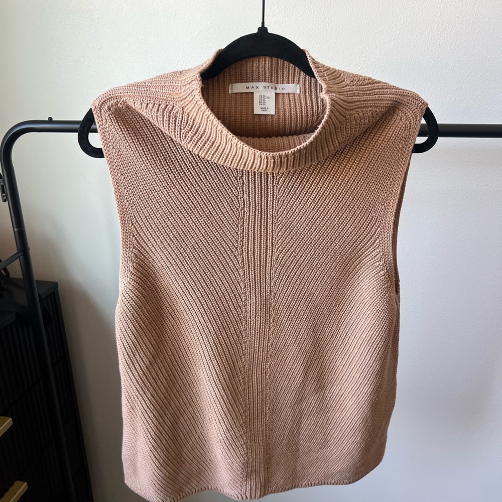 Tan sleeveless mock neck sweater